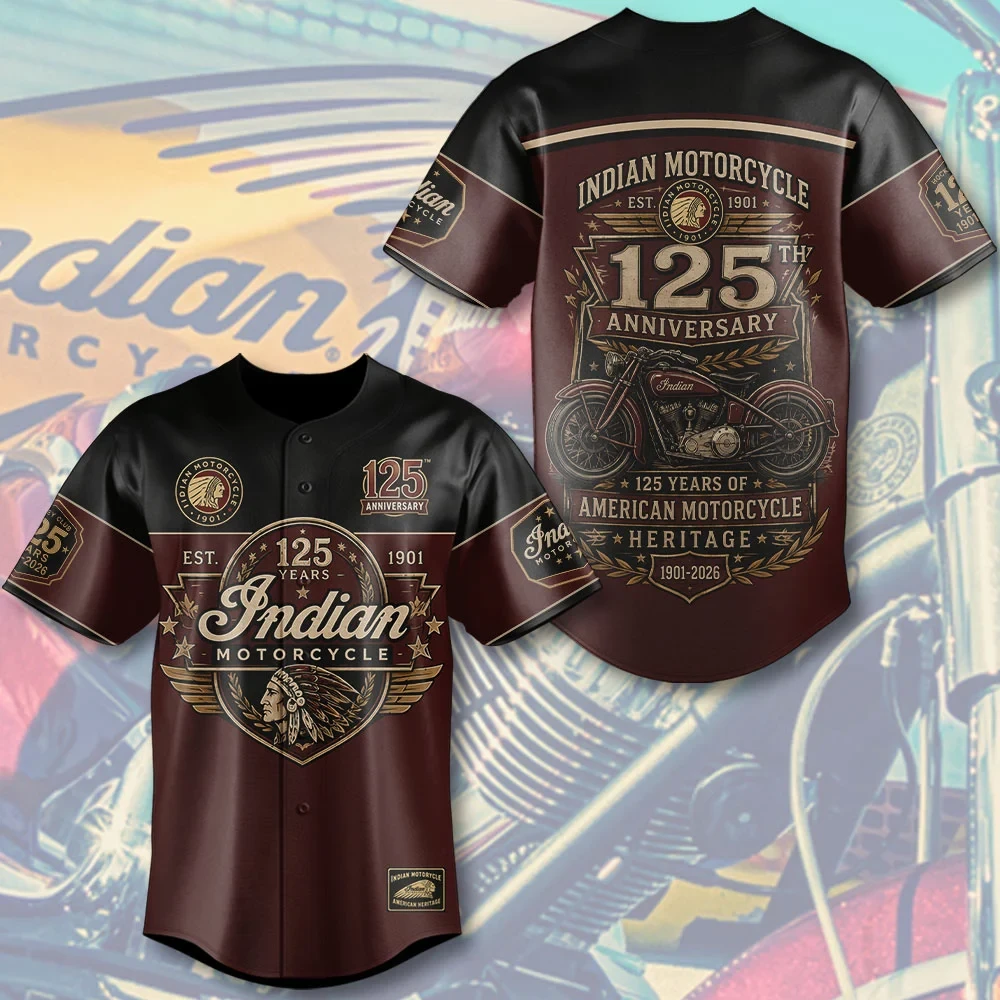 Indian Motorcycle Merch 125 Years Anniversary Baseball Jersey American Motorcycle Biker Gifts