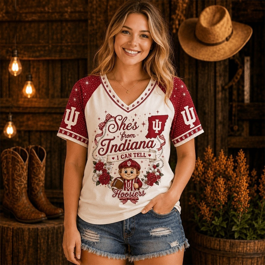 Indiana Hoosiers Bow And Floral Team Spirit V-Neck Shirt Indiana Hoosiers Football Merch Gifts