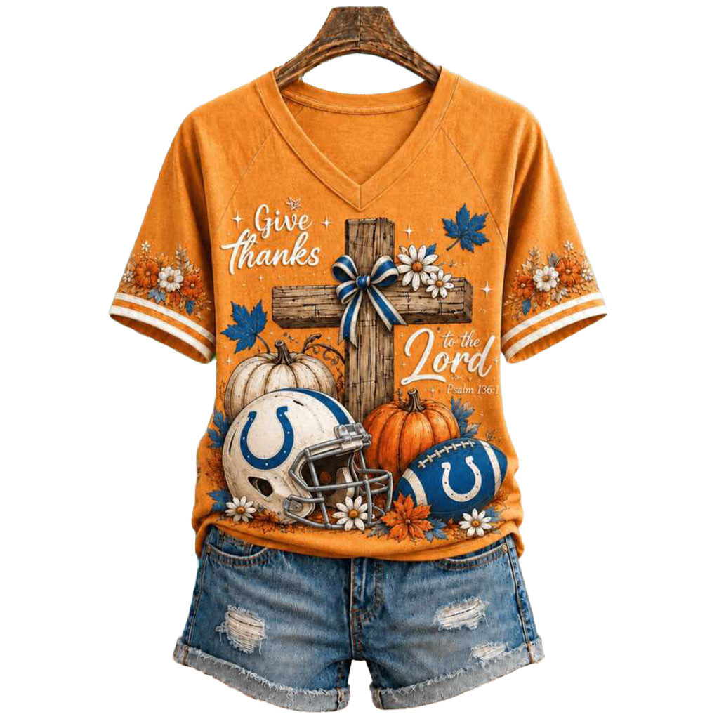 Indianapolis Colts Give Thanks To The Lord Pumpkin Cross V-Neck Shirt Colts Merch Autumn Gifts