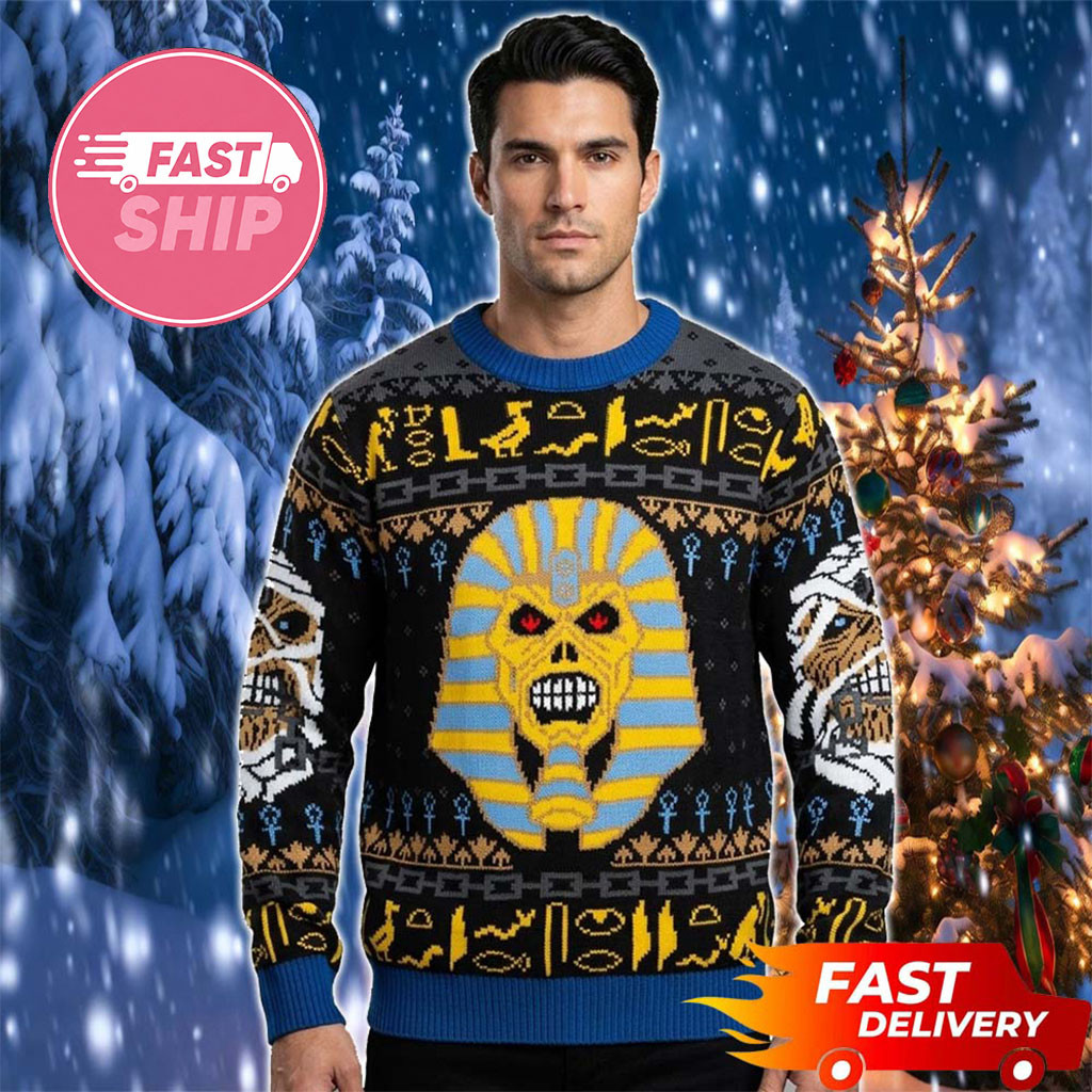 Iron Maiden Eddie Egypt Pattern Christmas Ugly Sweater Iron Maiden Merch Gift For Holiday