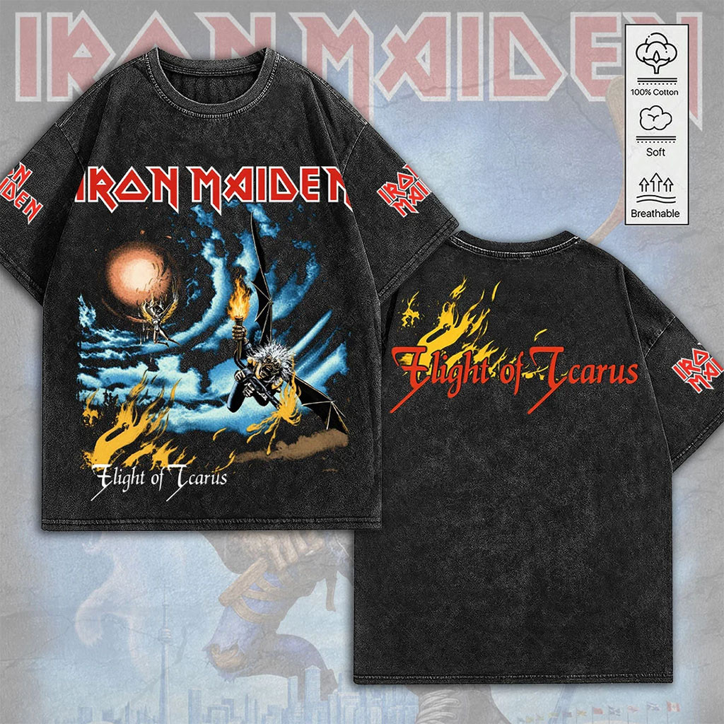 Iron Maiden Flight Of Icarus Washed T-Shirt Iron Maiden Merch Band Fan Gifts