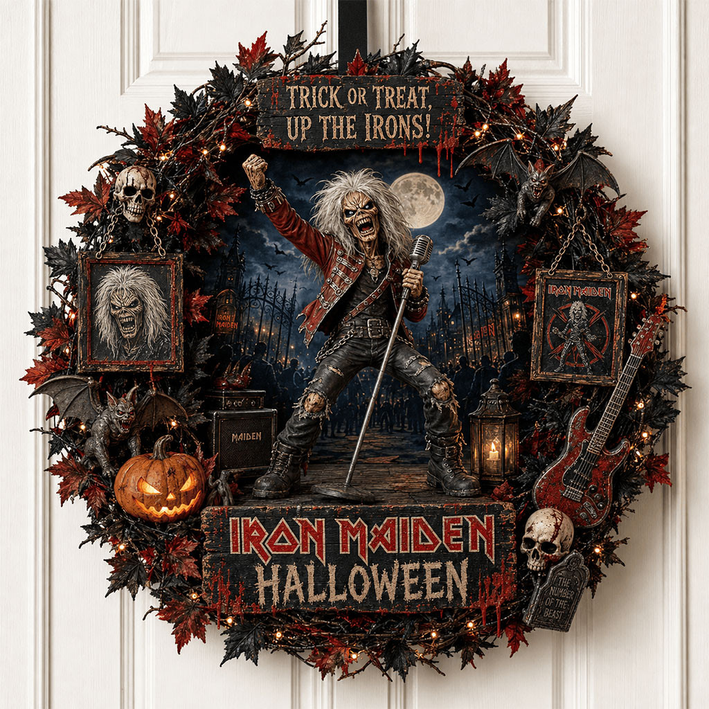 Iron Maiden Halloween Door Sign Trick Or Treat Up The Irons Wreath Iron Maiden Merch Decor