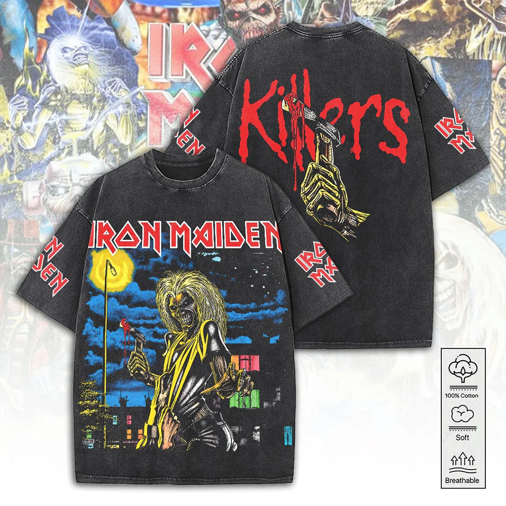 Iron Maiden Killers Wash T-Shirt Metal Band Iron Maiden Merch Gifts For Band Fan