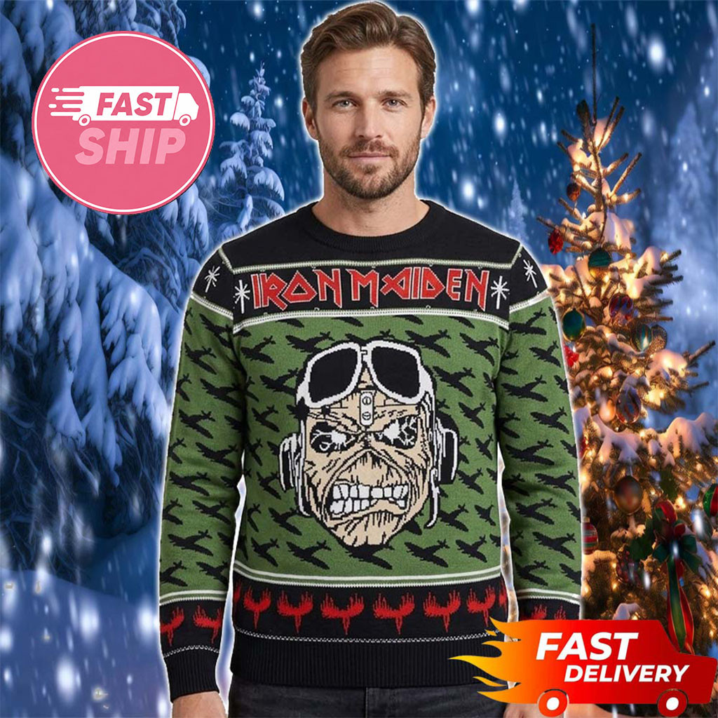 Iron Maiden Merch Christmas Holiday Eddie Army Head Black Green Pattern Iron Maiden Ugly Sweater
