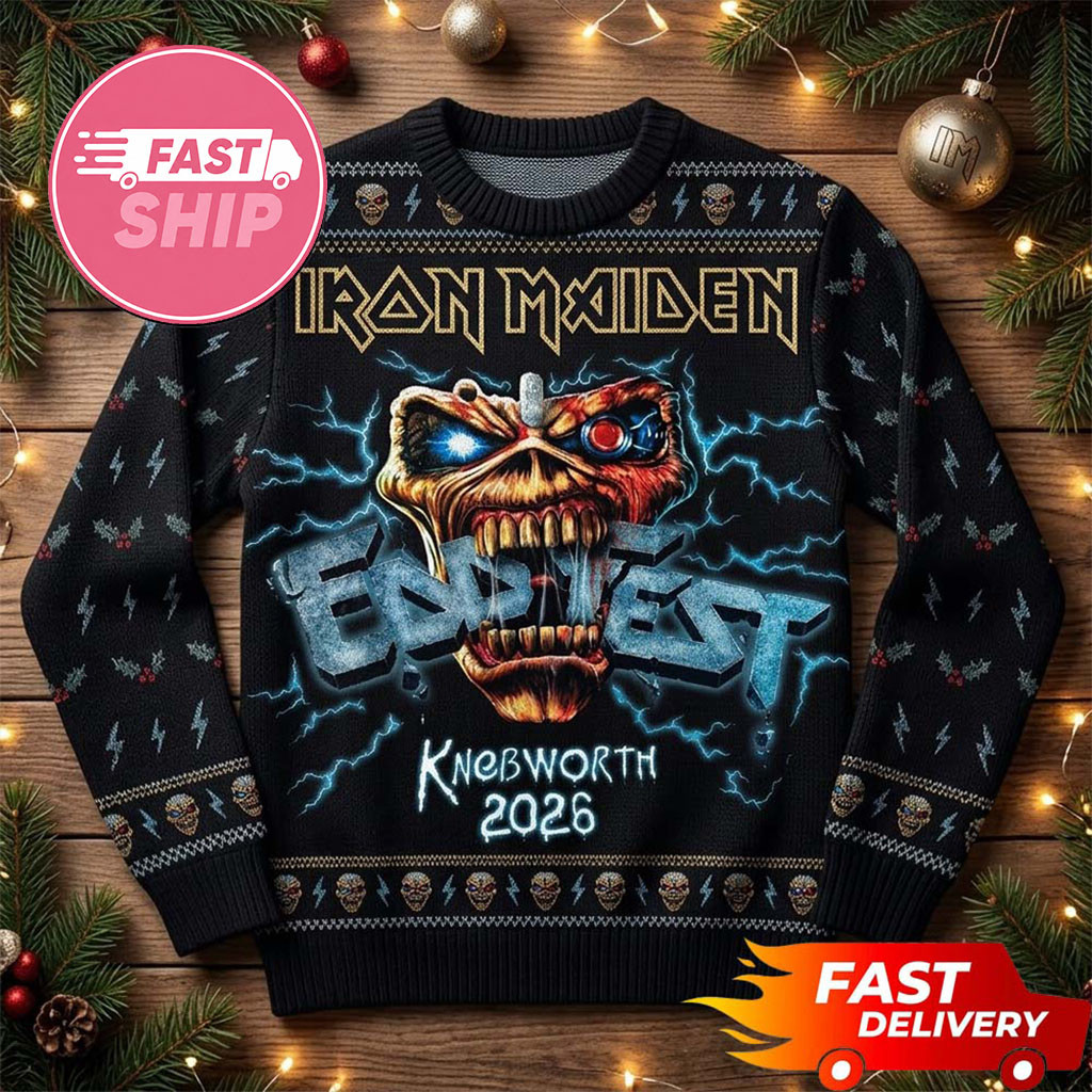 Iron Maiden Merch Eddfest Knebworth 2026 Black Eddie Head Pattern Iron Maiden Xmas Ugly Sweater Iron Maiden Merch Eddfest Knebworth 2026 Black Eddie Head Pattern Iron Maiden Xmas Ugly Sweater