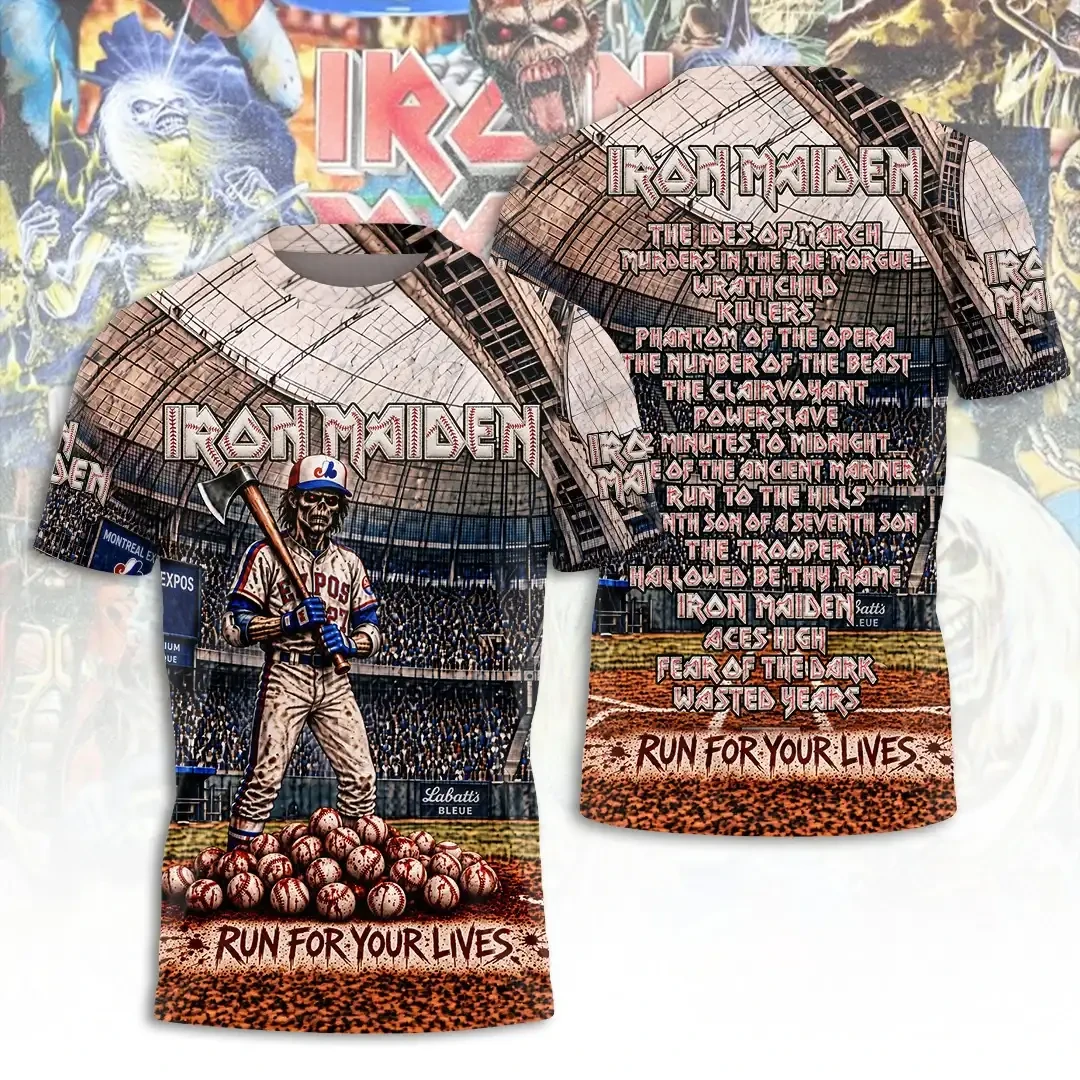 Iron Maiden Merch Run For Your Lives x Baseball T-Shirt Montreal Expos Eddie Heavy Metal Shirt