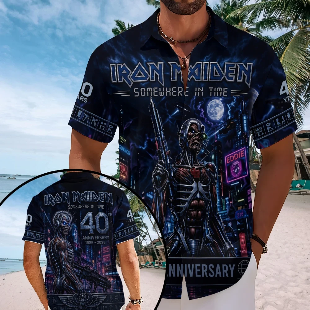 Iron Maiden Merch Somewhere In Time 40th Anniversary Hawaiian Shirt Heavy Metal Band Shirt