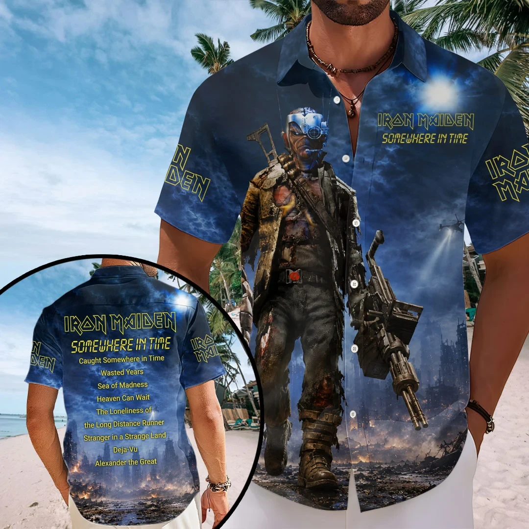 Iron Maiden Merch Somewhere In Time Hawaiian Shirt Heavy Metal Band Summer Shirt Gifts For Fans