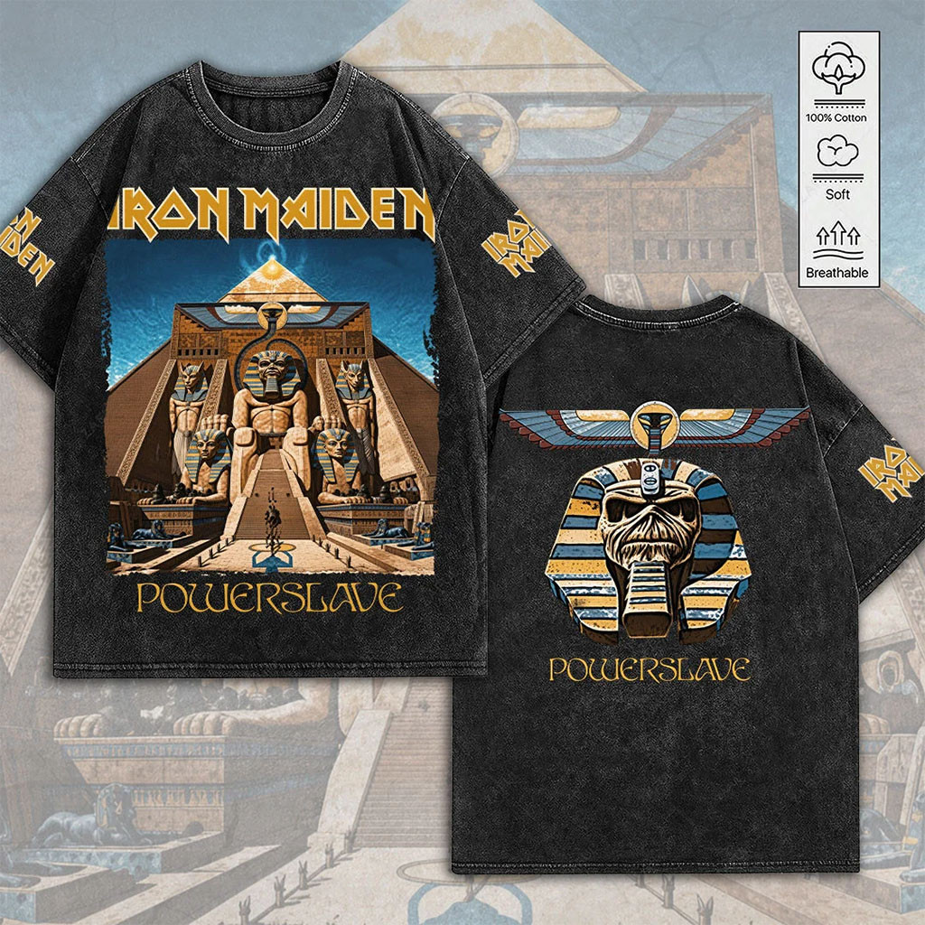Iron Maiden Powerslave Wash T-Shirt Metal Band Iron Maiden Merch Gifts For Music Lovers