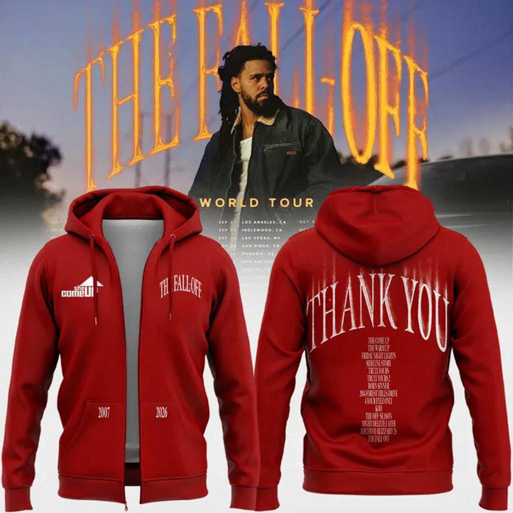 J Cole The Fall-Off World Tour 2026 Red Zip Hoodie J Cole Merch Gifts For Rapper Fans
