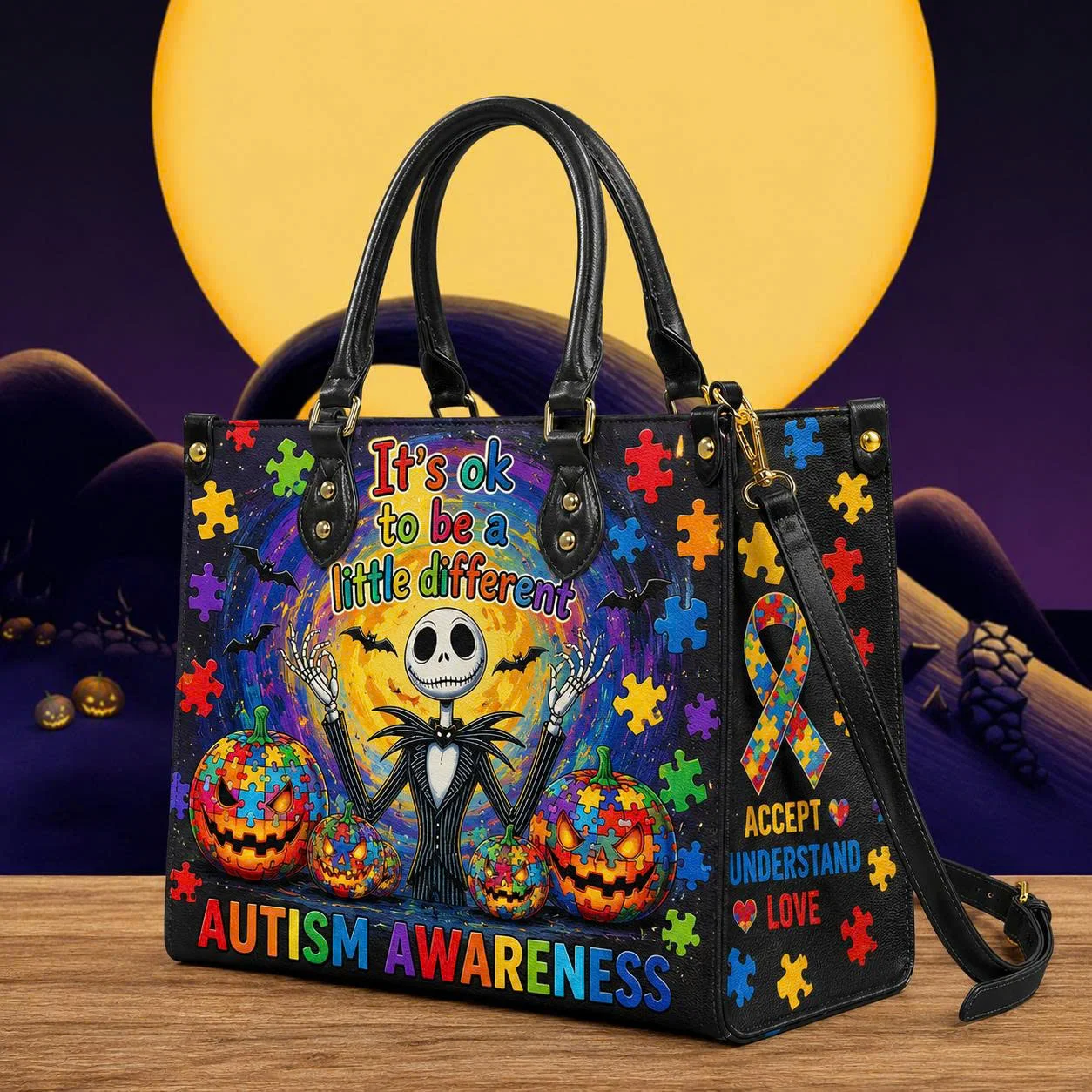Jack Skellington Autism Awareness Halloween Leather Handbag It's OK To Be Different Gothic Gift Jack Skellington Autism Awareness Halloween Leather Handbag It's OK To Be Different Gothic Gift