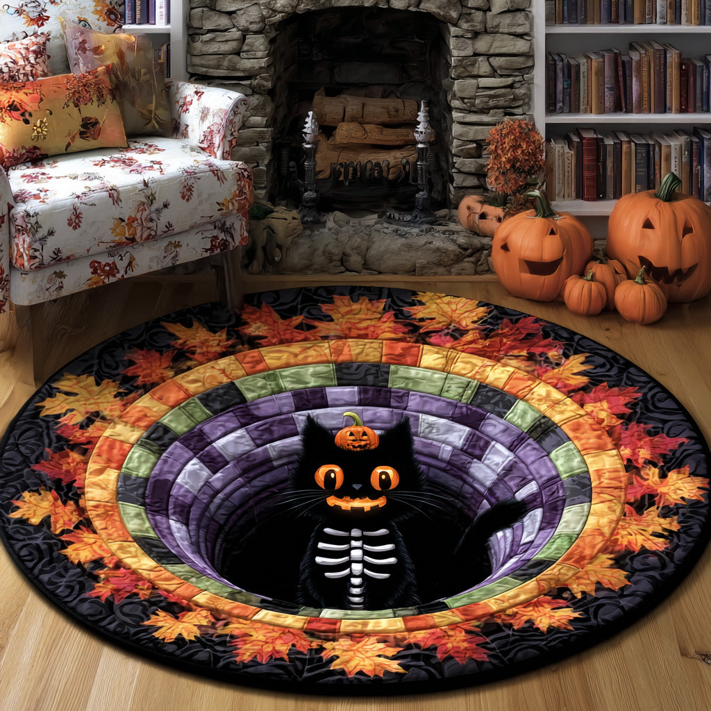 Jackbone Cat Quilted Round Mat Decorate Living Room For Halloween Black Cat Merchandise Gifts