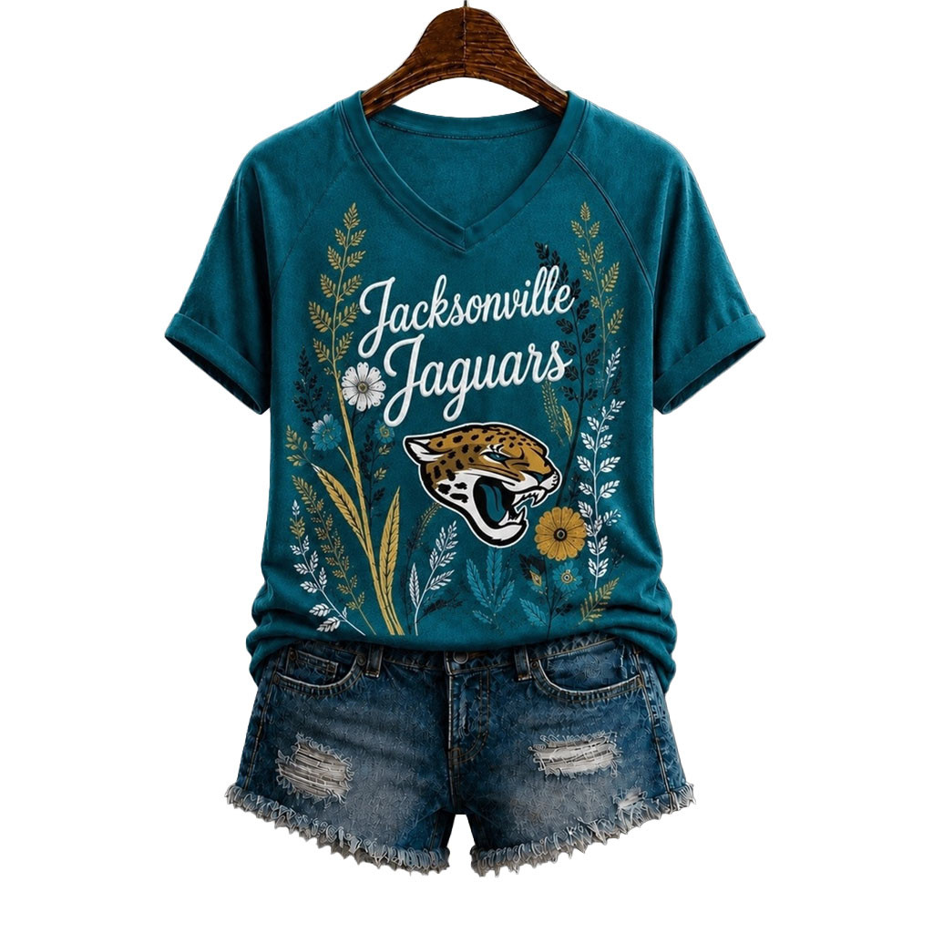 Jacksonville Jaguars Floral Garden V-Neck T-Shirt Jaguars Merch Presents For Football Lovers