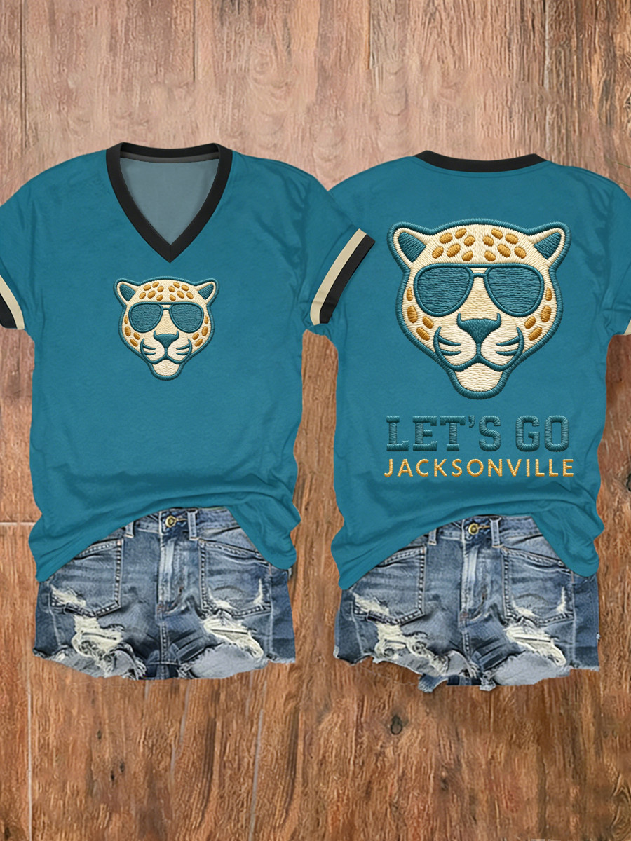 Jacksonville Jaguars Merch Let's Go Jacksonville Football V-Neck T-Shirt Game Day Gifts Women Jacksonville Jaguars Merch Let's Go Jacksonville Football V-Neck T-Shirt Game Day Gifts Women