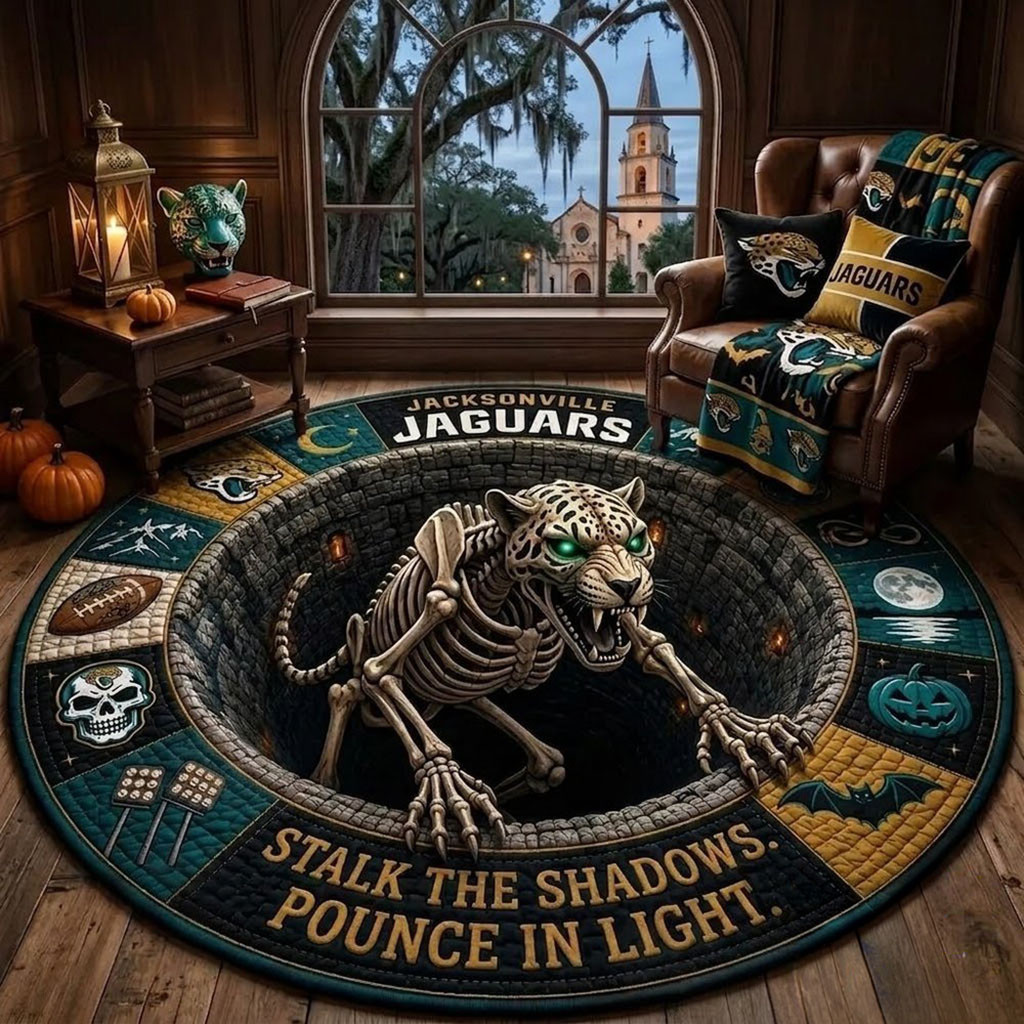 Jacksonville Jaguars Merch Stalk The Shadows Pounce In Light Quilted Round Mat Halloween Decor