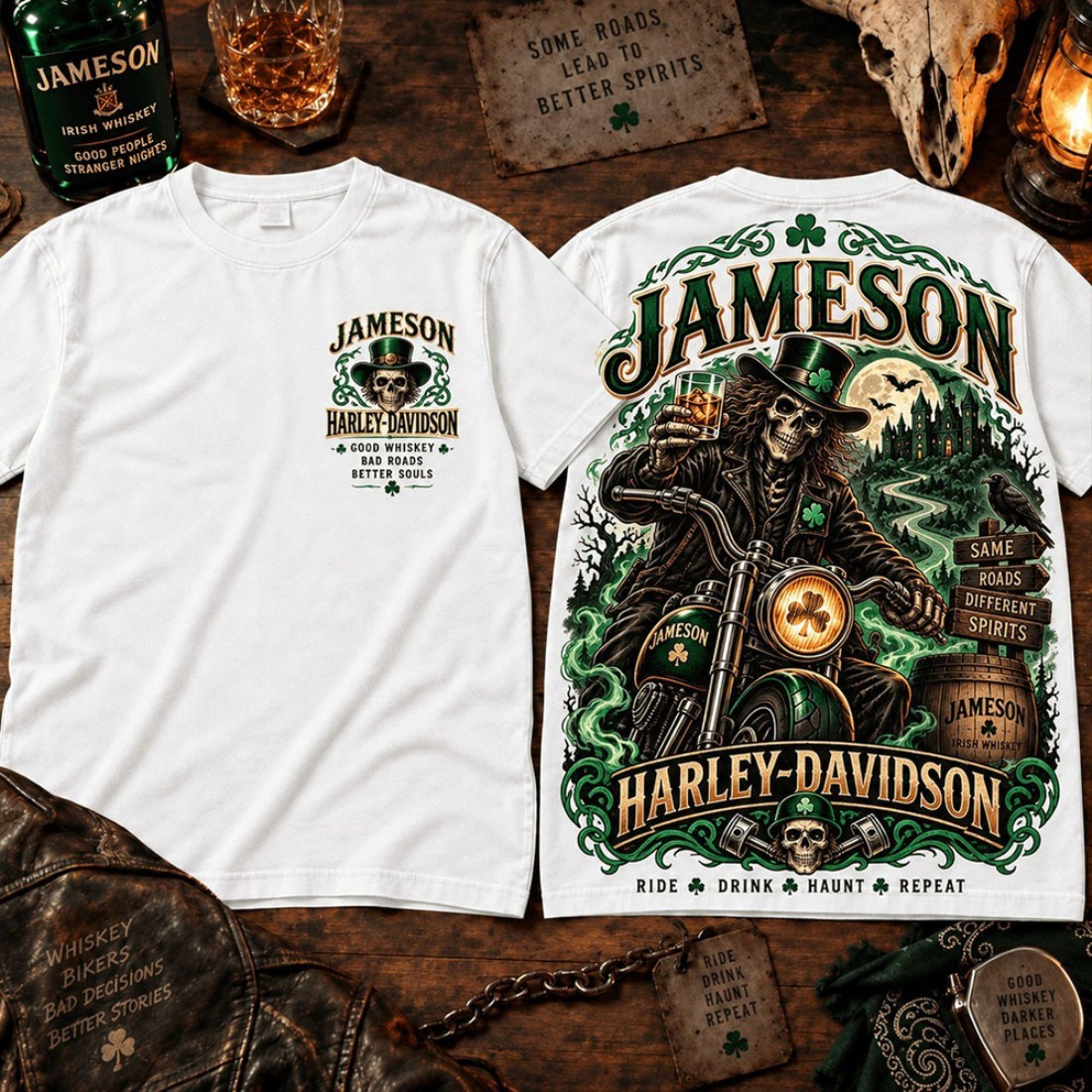 Jameson X Harley Davidson Merch Shamrock Skeleton Rider Graphic T-Shirt Gift For Halloween