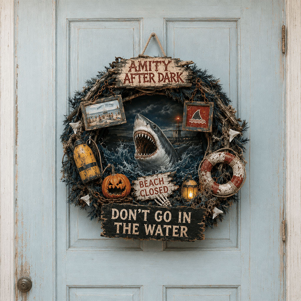 Jaws Amity After Dark Door Sign Don't Go In The Water Wreath Jaws Movie Merch Halloween Gifts