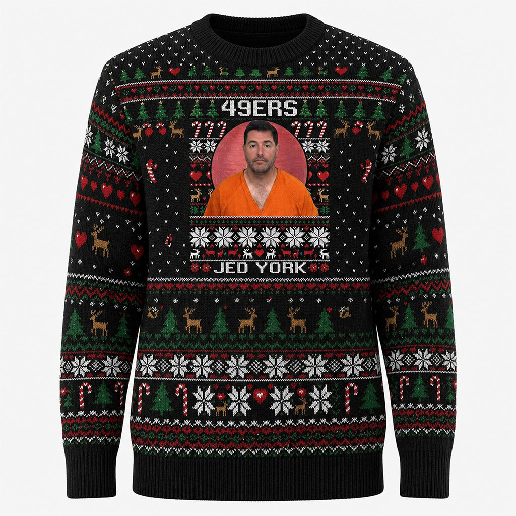 Jed York Mugshot Ugly Christmas Sweater Xmas Jumper San Francisco 49ers Merch Fan Gifts