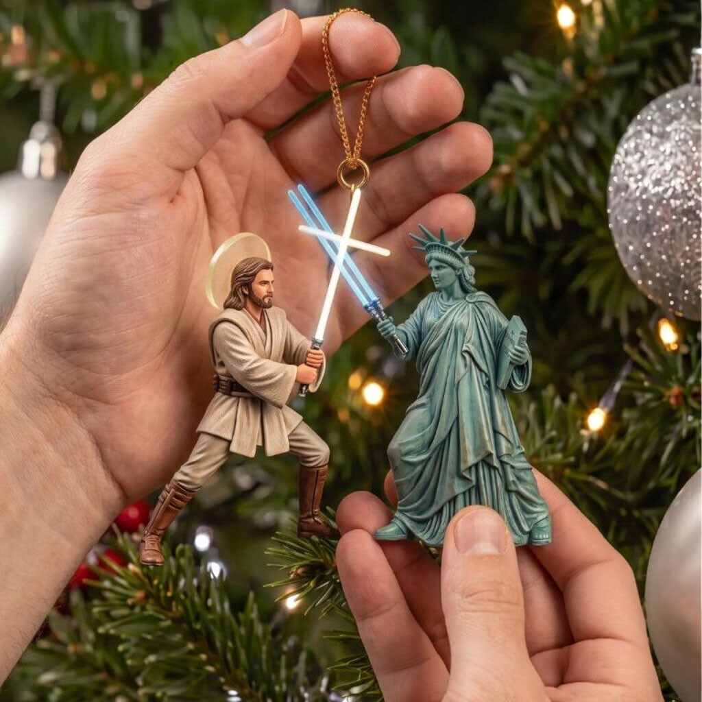 Jesus Vs Statue Of Liberty Sci Fi Dual Christmas Ornament Funny Xmas Tree Decor Family Gifts