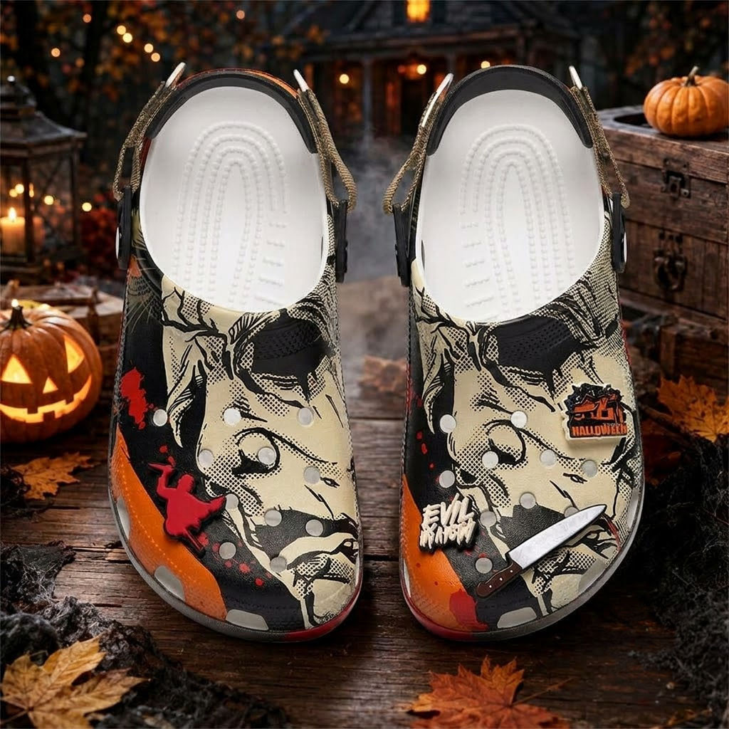 Jigsaw And Michael Myers Take Over Crocs 2026 Halloween Gift For Horror Movie Fans