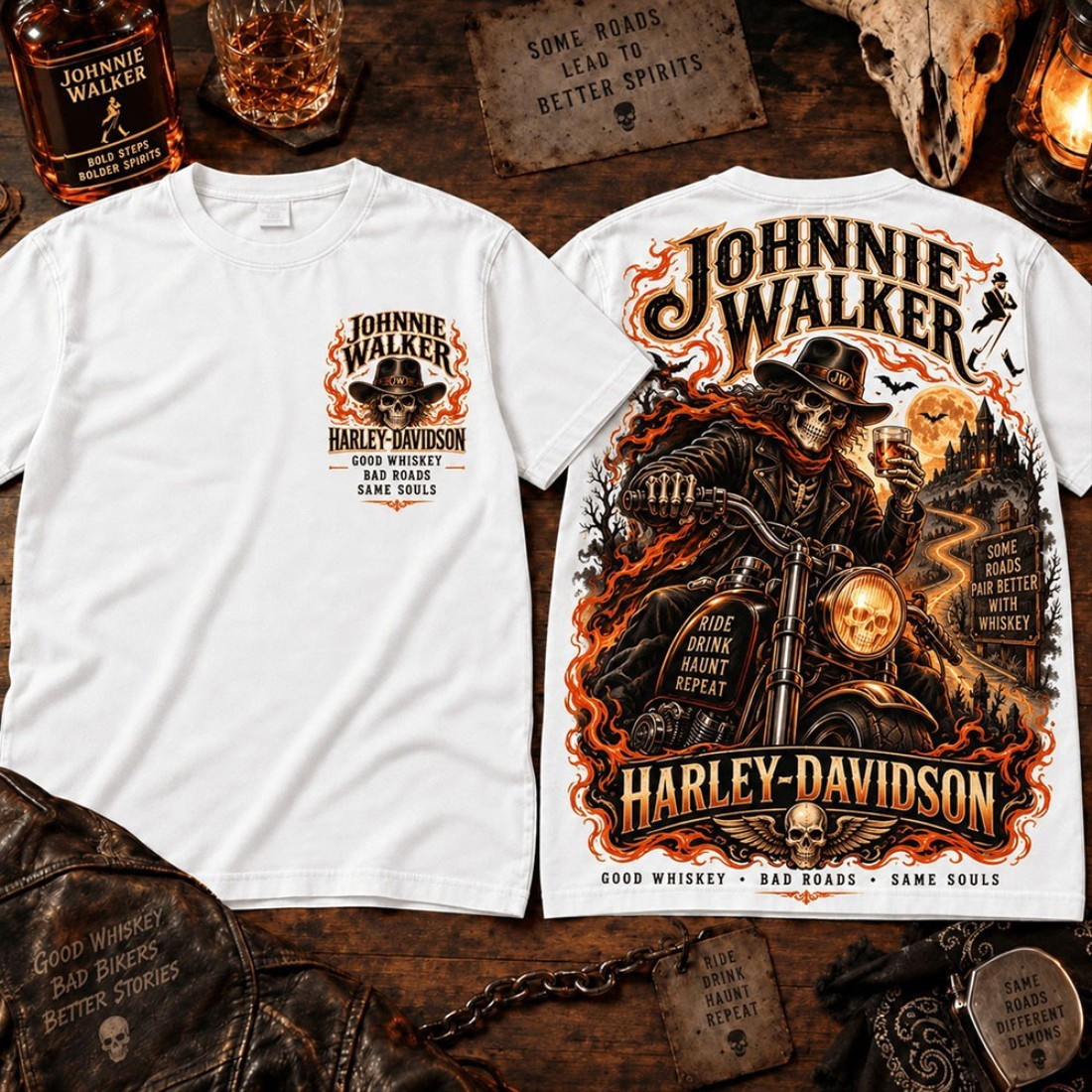 Johnnie X Walker Harley Merch Davidson Flaming Skeleton Rider T-Shirt Halloween Gift For Him Johnnie X Walker Harley Merch Davidson Flaming Skeleton Rider T-Shirt Halloween Gift For Him