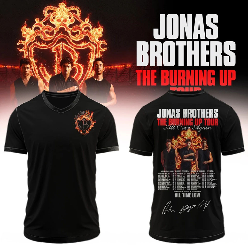 Jonas Brothers Merch 2026 The Burning Up Tour V-Neck T-Shirt Gifts For Pop Band Fans Jonas Brothers Merch 2026 The Burning Up Tour V-Neck T-Shirt Gifts For Pop Band Fans