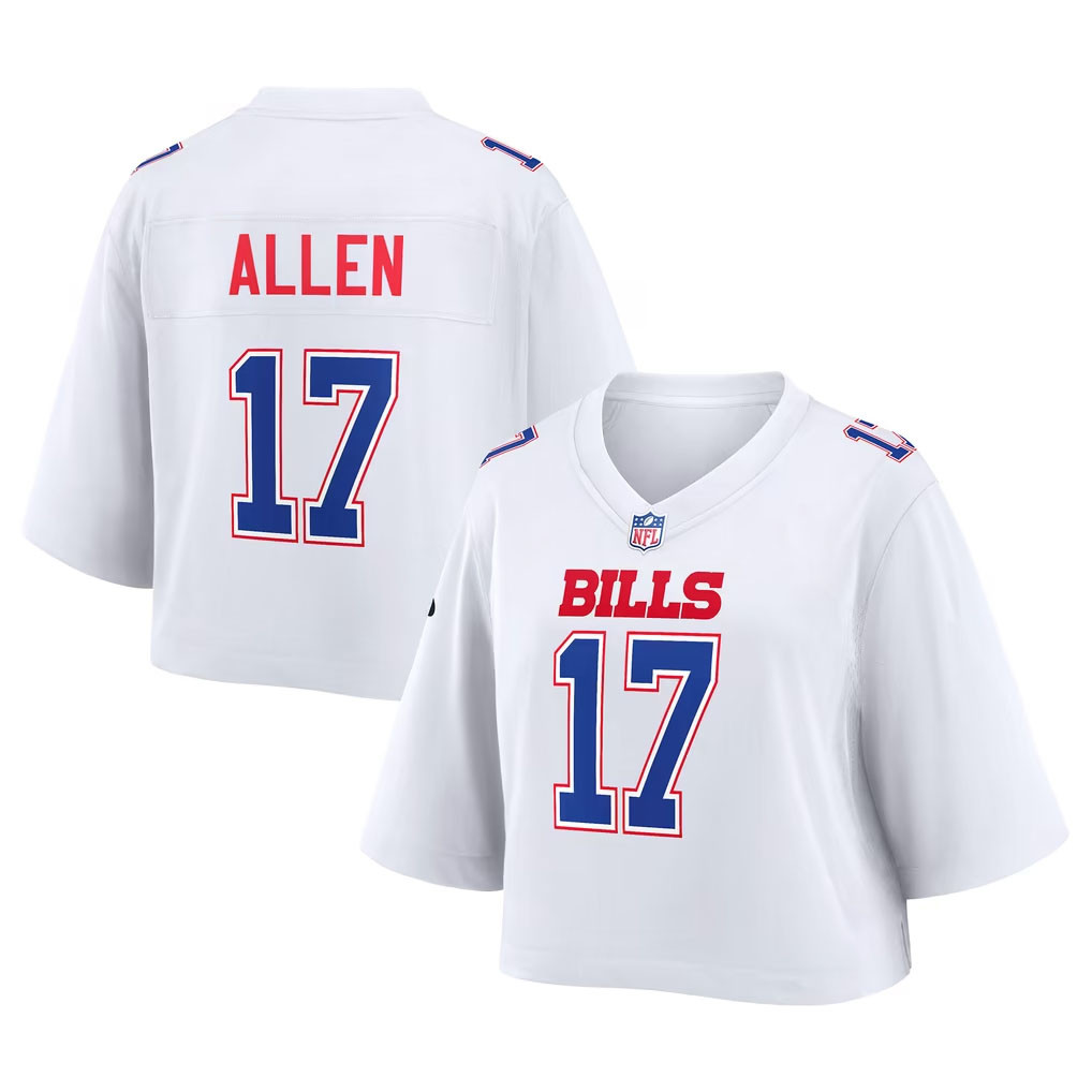 Josh Allen Merch 2026 Buffalo Bills #17 Josh Allen White Cropped Fashion Game Jersey Women's