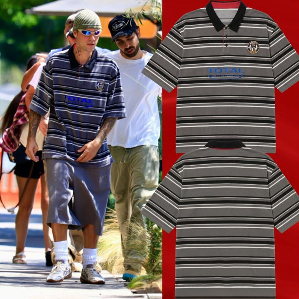 Justin Bieber Martine Rose Striped Logo Polo Shirt Justin Bieber Out In West Hollywood Apparel