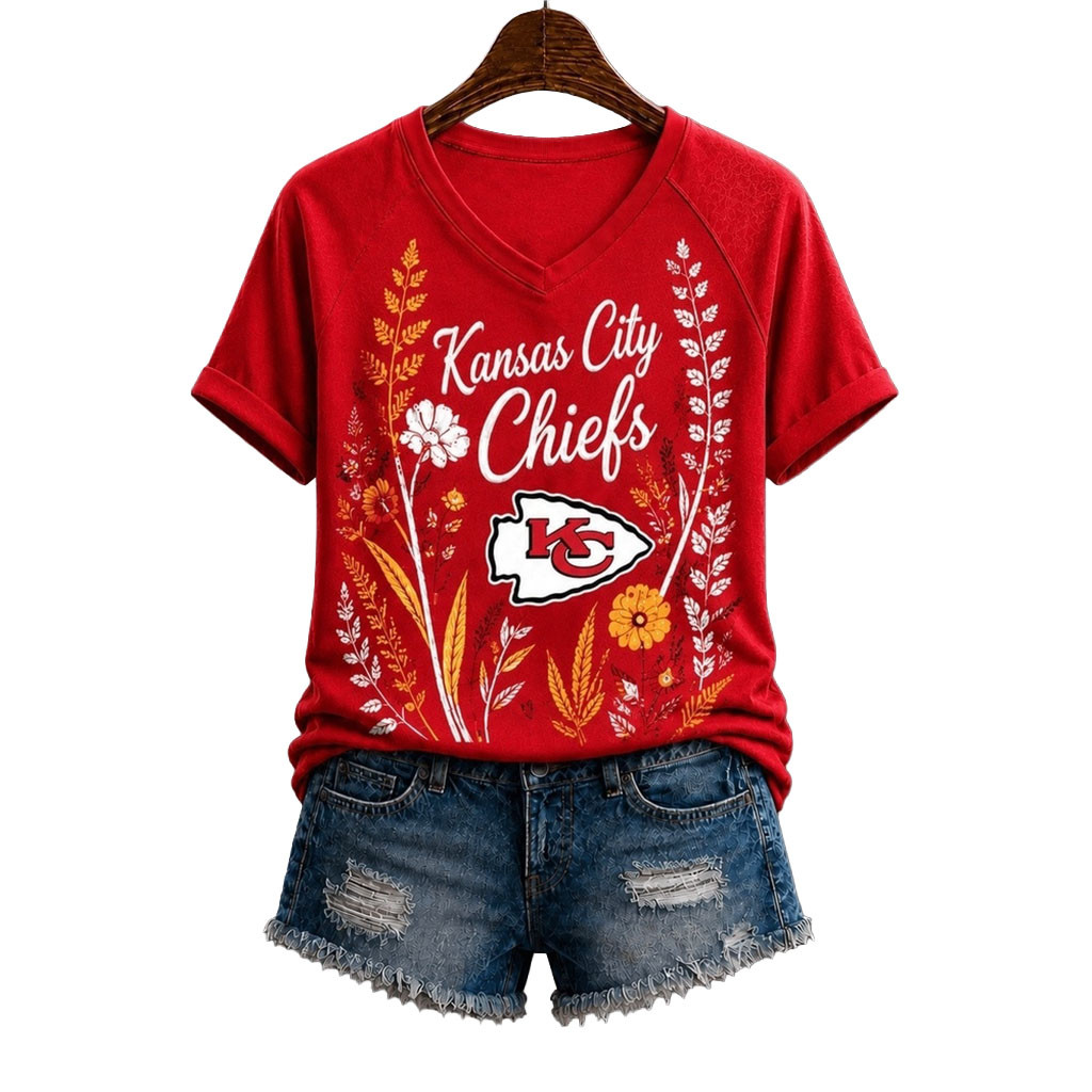 Kansas City Chiefs Floral Garden V-Neck T-Shirt Chiefs Merch Presents For Football Lovers