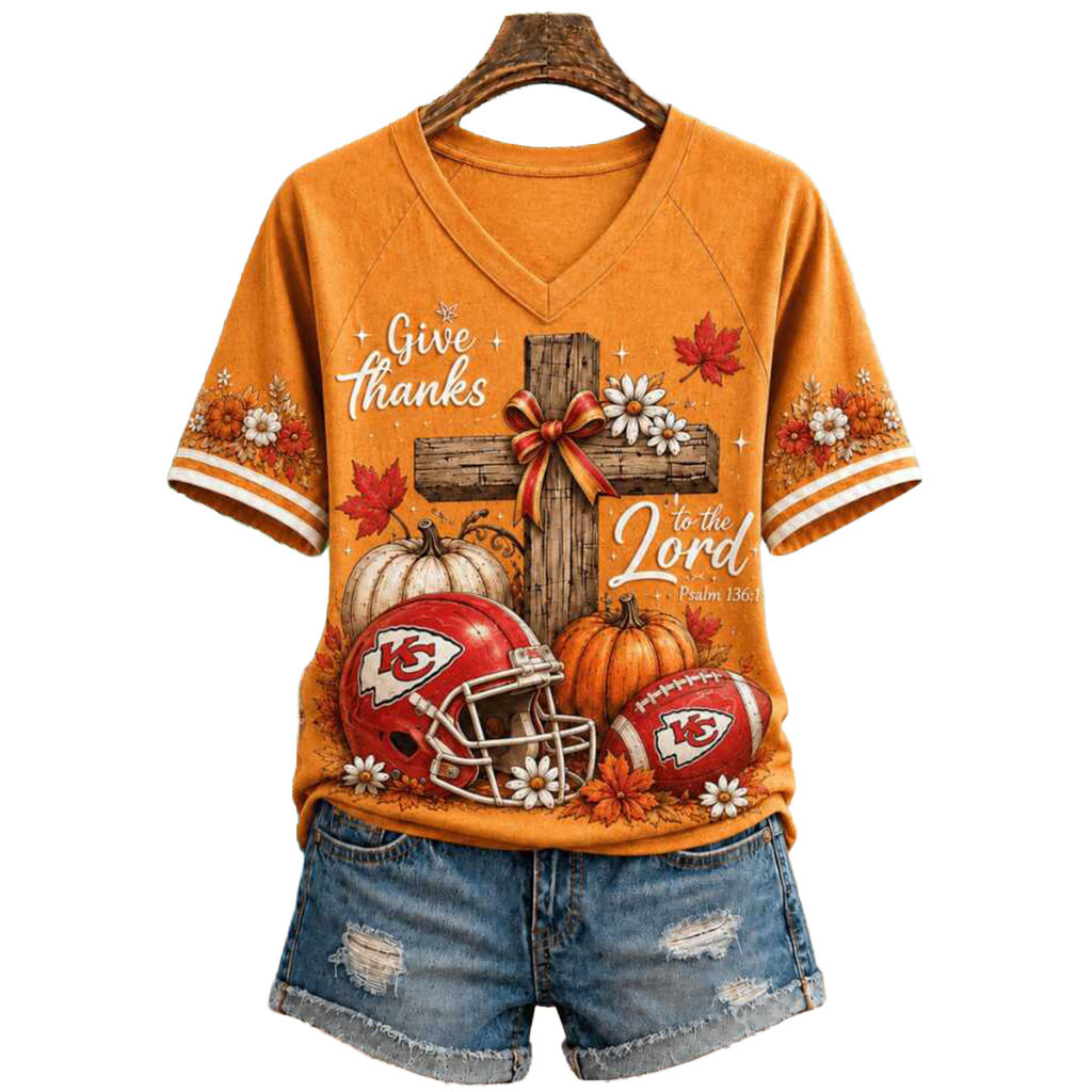 Kansas City Chiefs Football Pumpkin Cross Give Thanks V-Neck Shirt KC Chiefs Merch Gift For Fan