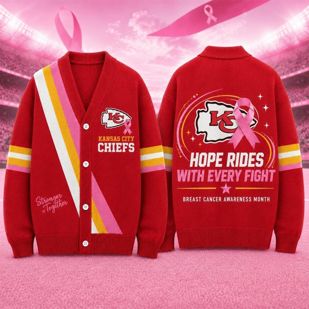 Kansas City Chiefs Merch Breast Cancer Hope Rides With Every Fight Cardigan Cancer Fighter Gift Kansas City Chiefs Merch Breast Cancer Hope Rides With Every Fight Cardigan Cancer Fighter Gift
