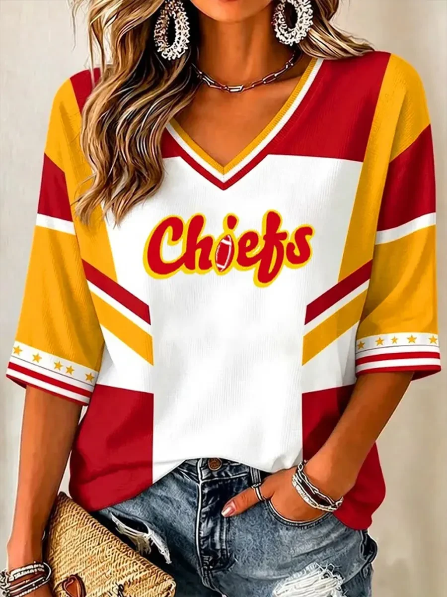 Kansas City Chiefs Merch Football Crop Long V-Neck T-Shirt KC Sunday Game Day Outfit For Fans
