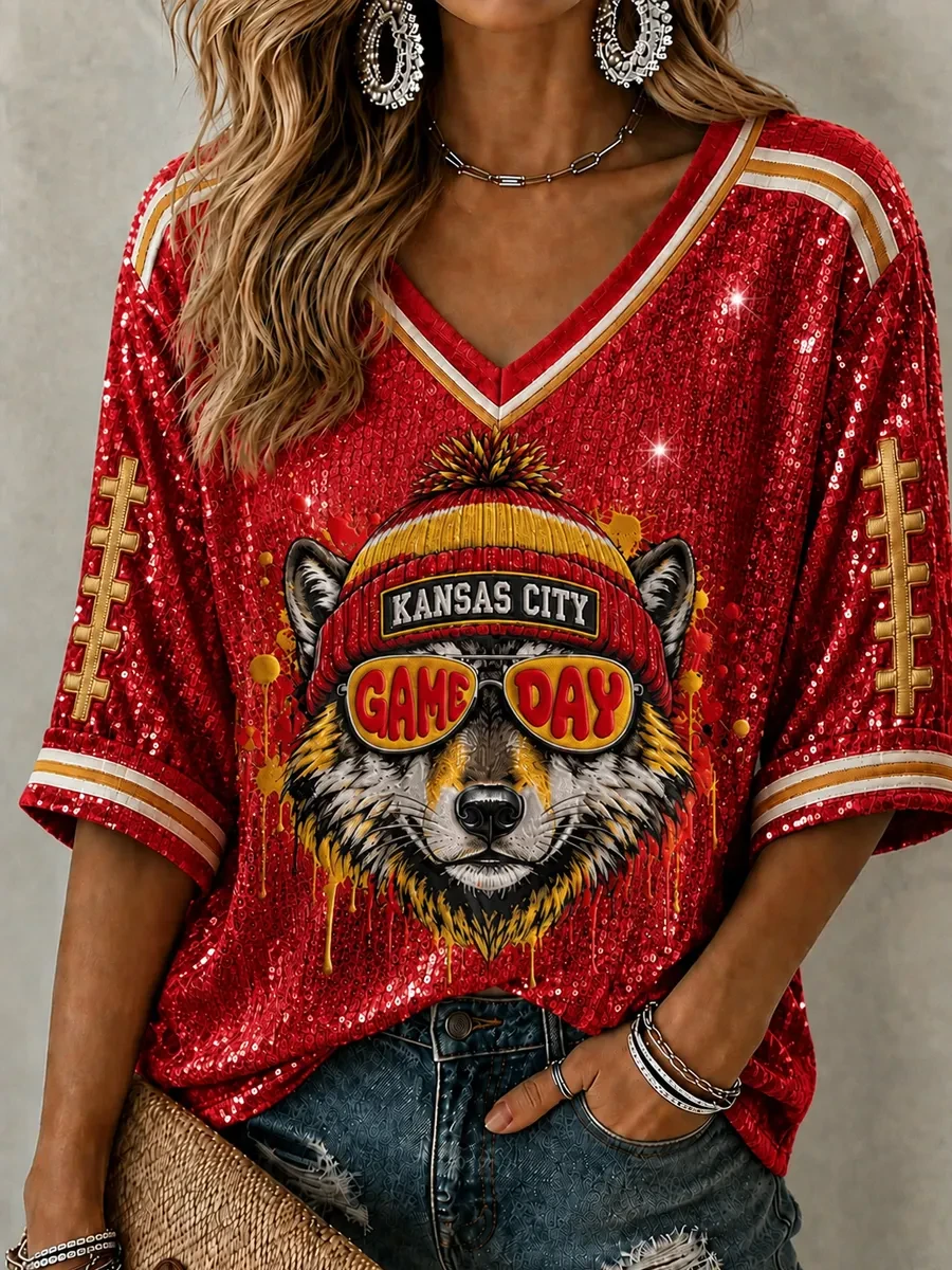 Kansas City Chiefs Merch Game Day Kansas City Football Crop Sleeve V-Neck Shirt Gifts For Fan Kansas City Chiefs Merch Game Day Kansas City Football Crop Sleeve V-Neck Shirt Gifts For Fan