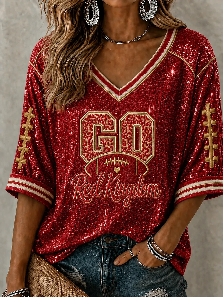 Kansas City Chiefs Merch Go Kansas City Football Crop Sleeve V-Neck Shirt Red Kingdom Gear