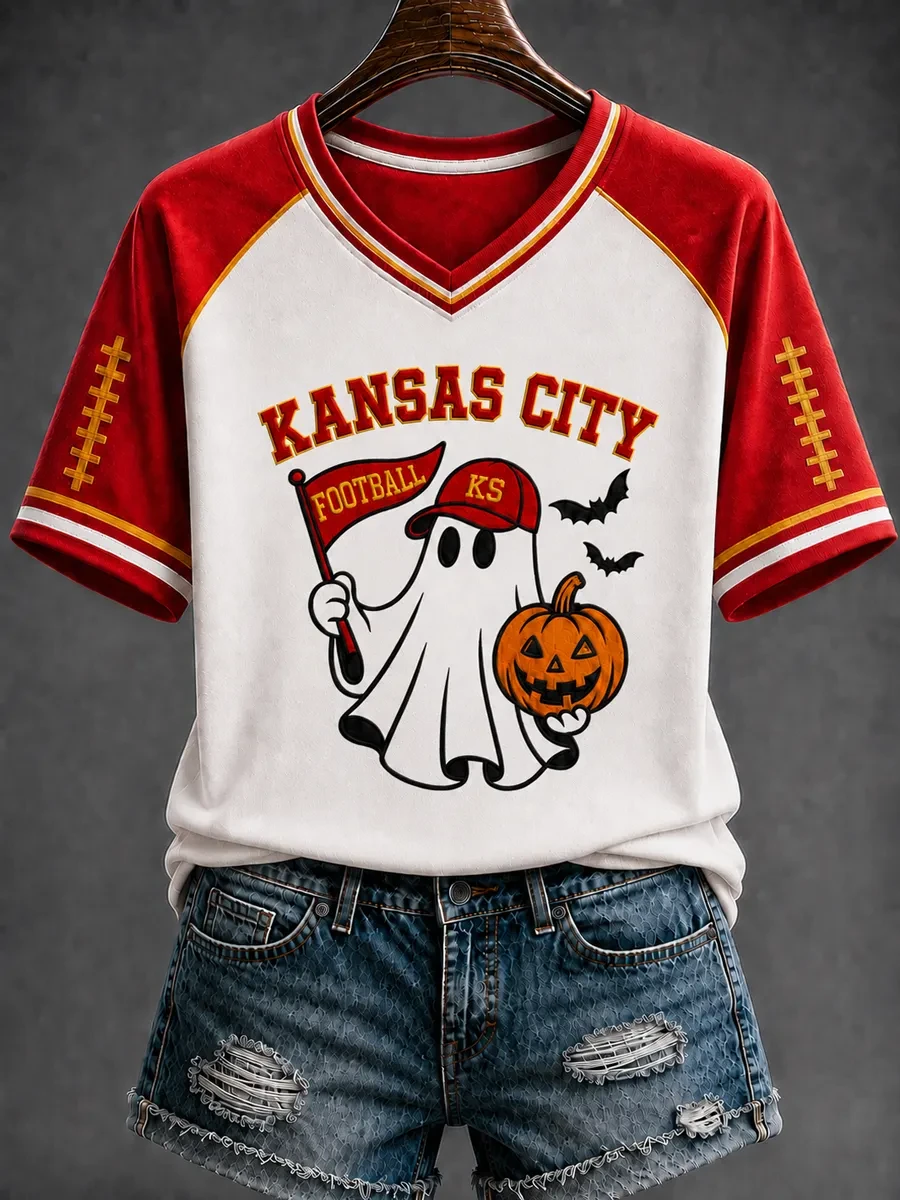 Kansas City Chiefs Merch Halloween Ghost Kansas City Football V-Neck Shirt Gift For Chiefs Fan