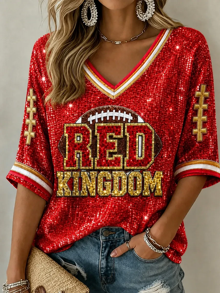 Kansas City Chiefs Merch KC Football Game Day Crop Sleeve V-Neck Shirt Red Kingdom Outfit Kansas City Chiefs Merch KC Football Game Day Crop Sleeve V-Neck Shirt Red Kingdom Outfit