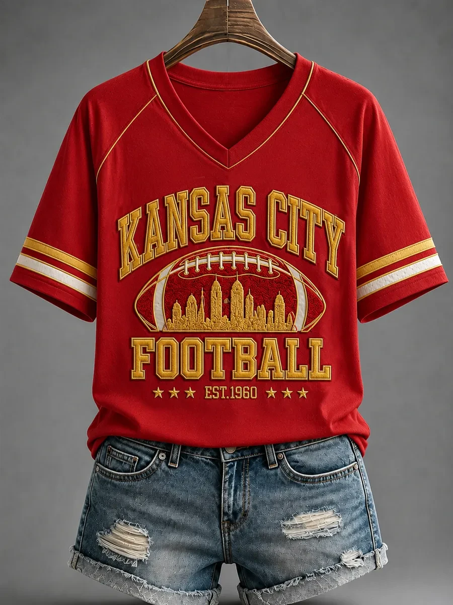 Kansas City Chiefs Merch KC Football V-Neck T-Shirt Game Day Outfit Chiefs Kingdom Fan Gift
