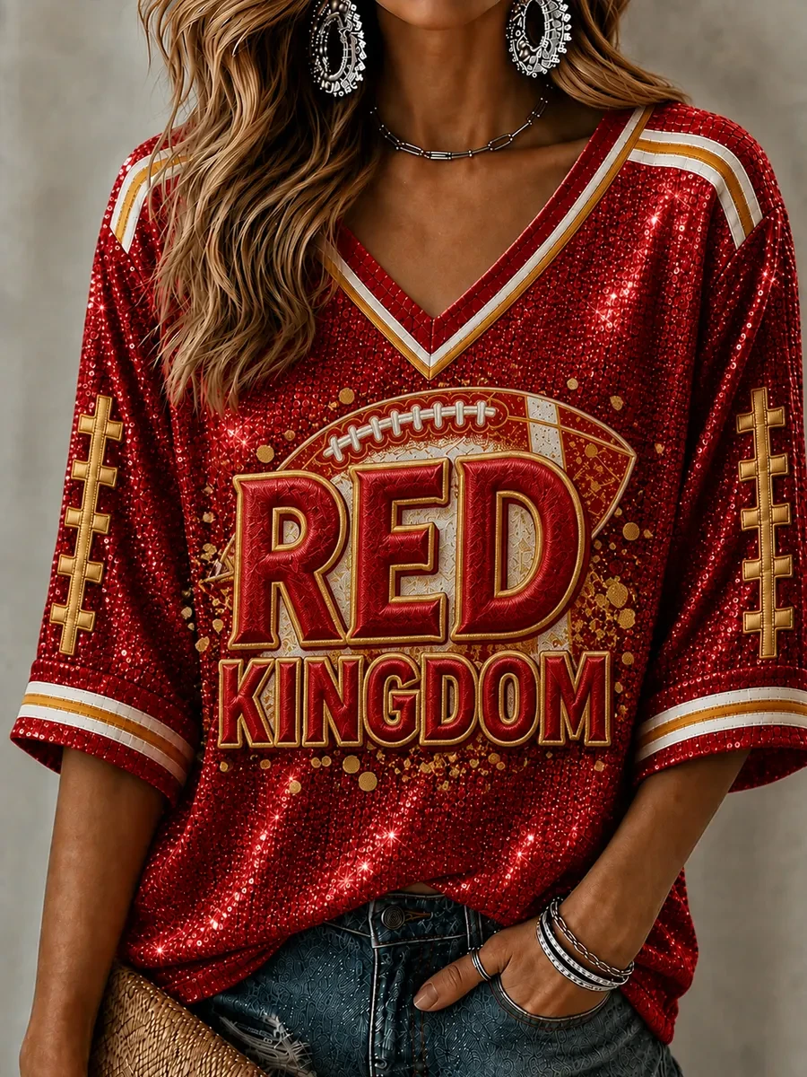 Kansas City Chiefs Merch Red Kingdom Kansas City Football Crop Sleeve V-Neck Shirt Game Day Gear