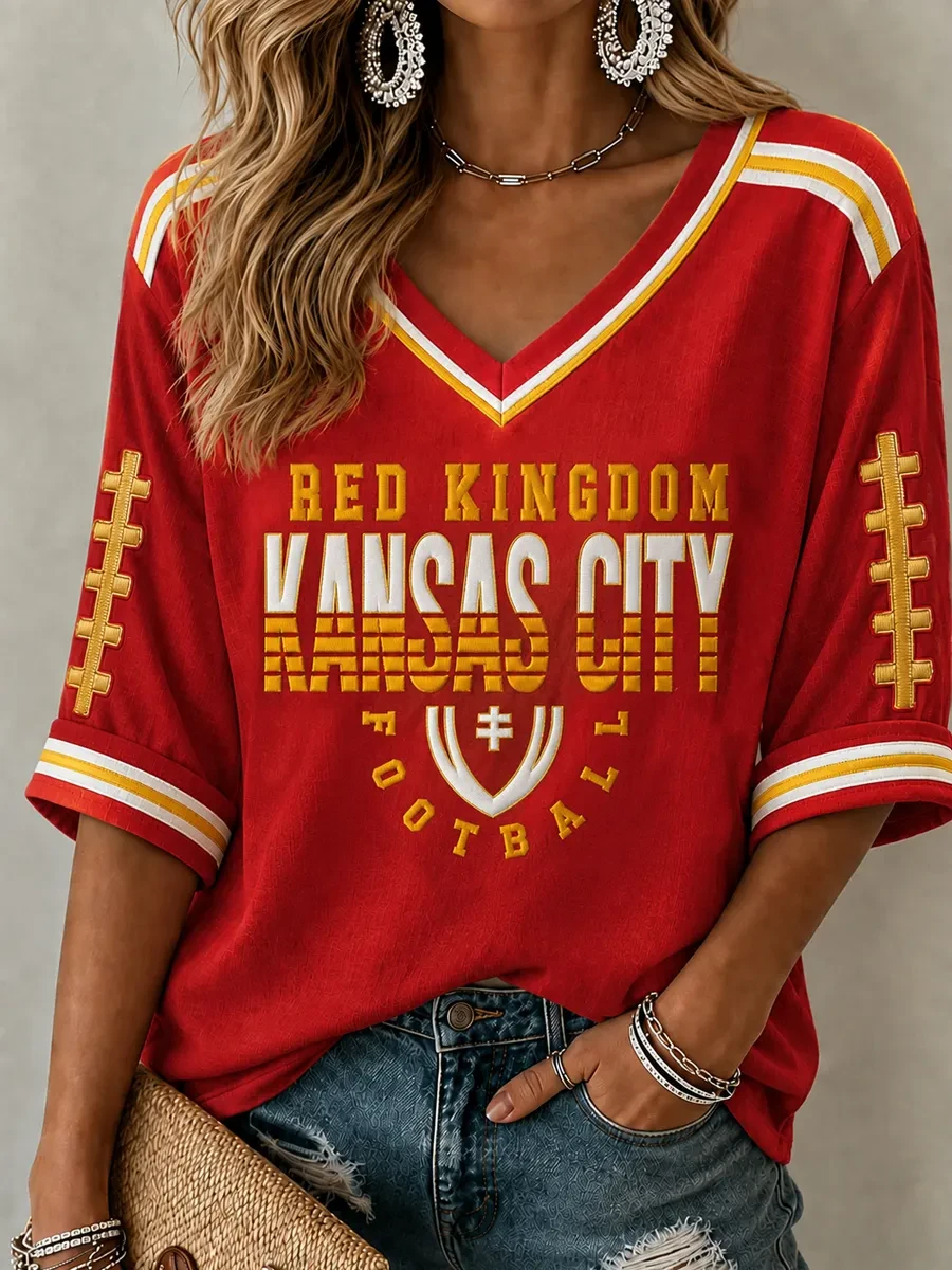 Kansas City Chiefs Merch Red Kingdom KC Football Crop Sleeve V-Neck Shirt Game Day Outfit Kansas City Chiefs Merch Red Kingdom KC Football Crop Sleeve V-Neck Shirt Game Day Outfit