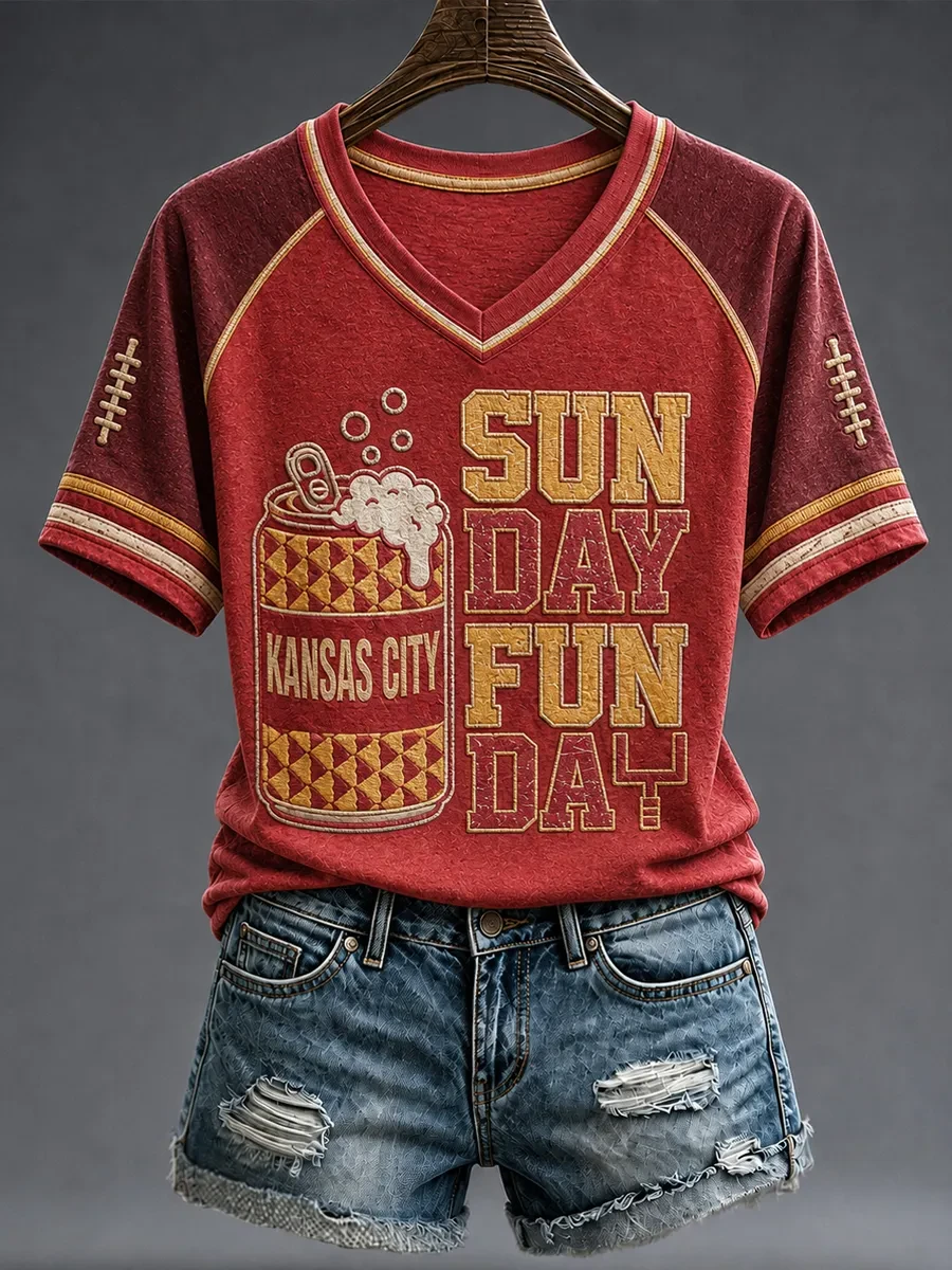 Kansas City Chiefs Merch Sunday Funday Kansas City Football V-Neck Shirt Game Day Apparel