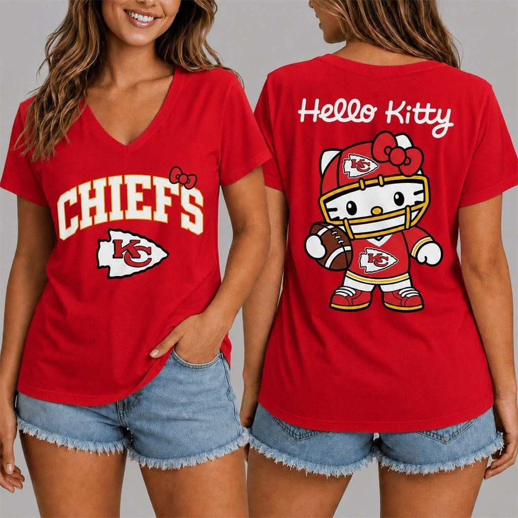 Kansas City Chiefs X Hello Kitty V-Neck Shirt Chiefs Merch Football Gifts For Her