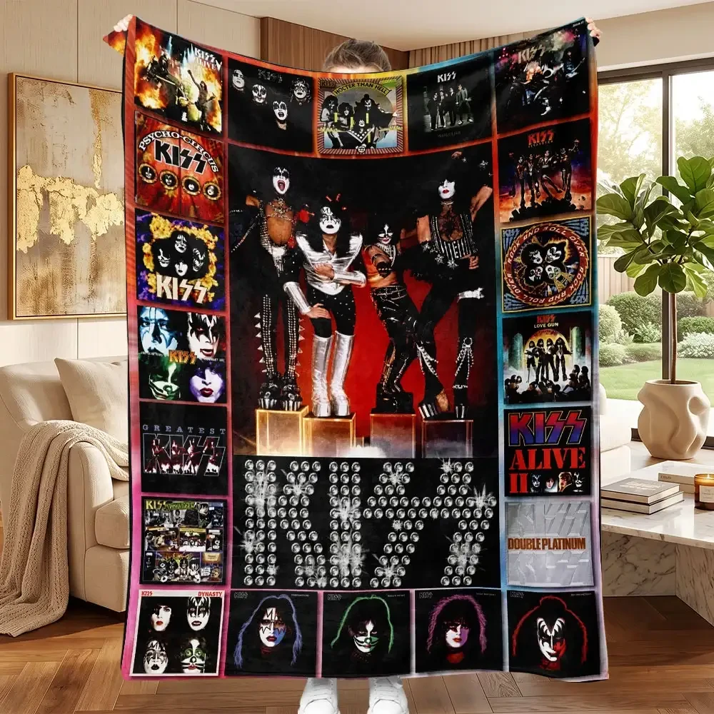 KISS Band History Blanket KISS Albums Collage Throw Blanket Gift For Rock Music Fans