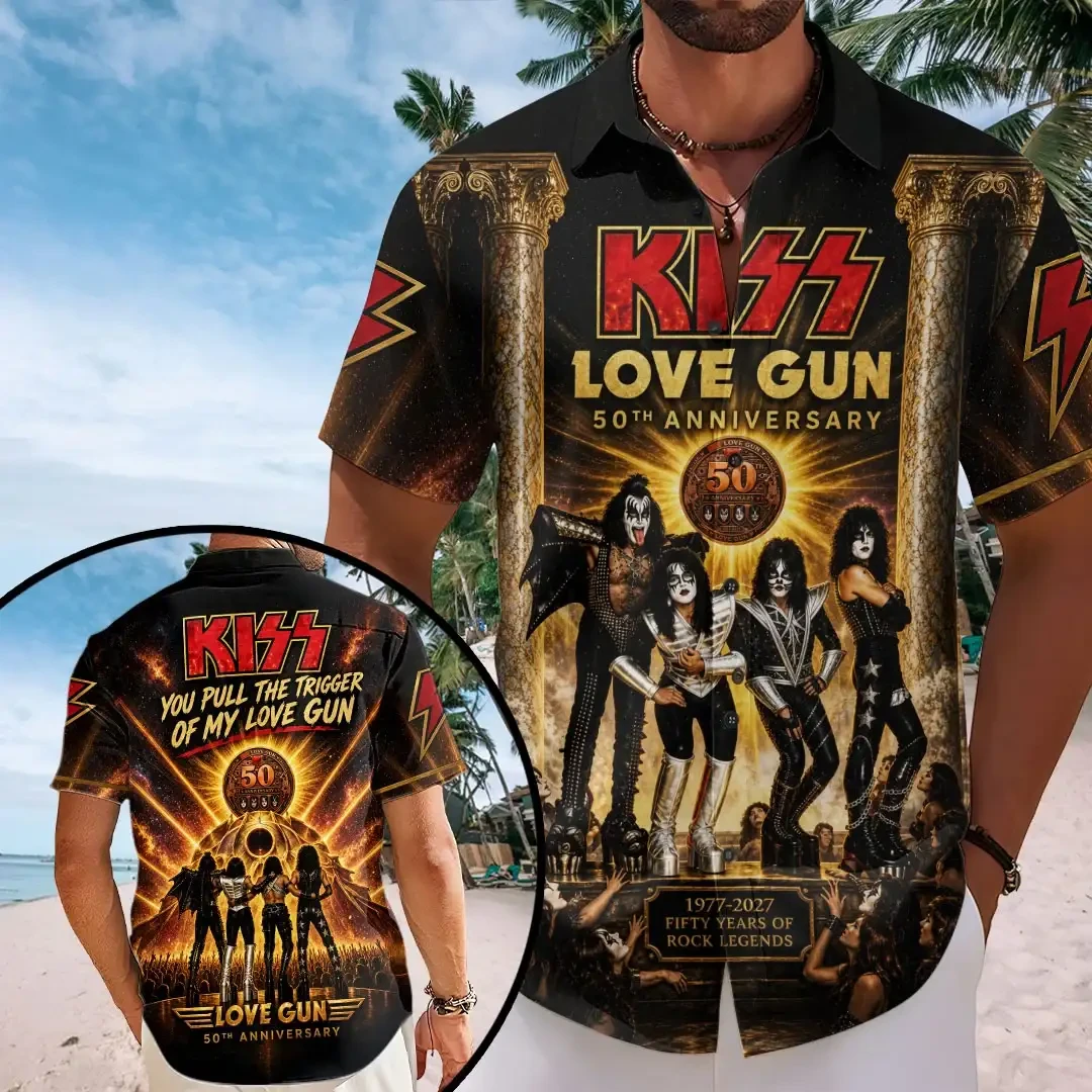 KISS Love Gun 50th Anniversary Hawaiian Shirt KISS Band Merch Gifts For Rock Music Lovers KISS Love Gun 50th Anniversary Hawaiian Shirt KISS Band Merch Gifts For Rock Music Lovers