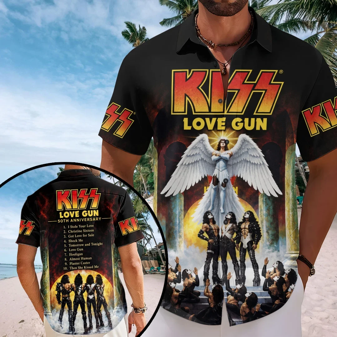 KISS Love Gun 50th Anniversary Hawaiian Shirt KISS Merch Gifts For Boyfriend