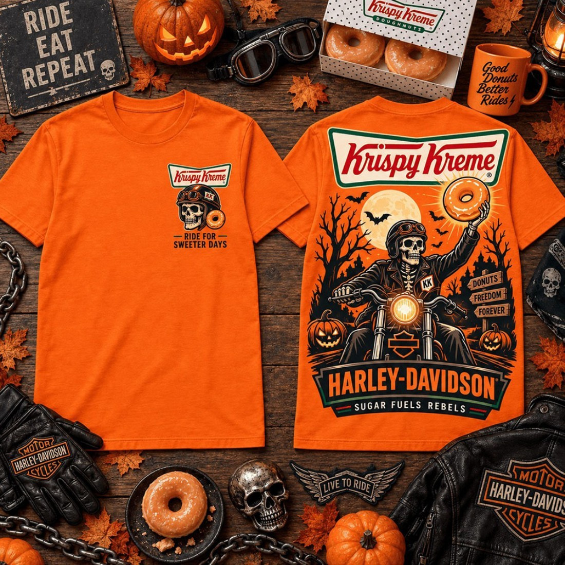Krispy Kreme X Harley Davidson Merch Donut Biker Halloween Graphic T-Shirt Gift For Brothers