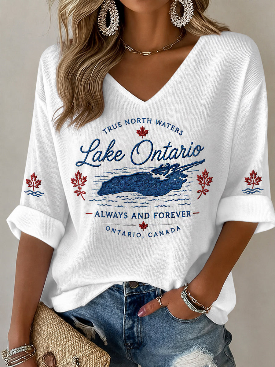 Lake Ontario Always And Forever Crop Sleeve V-Neck T-Shirt Ontario Canada Great Lakes Shirt Lake Ontario Always And Forever Crop Sleeve V-Neck T-Shirt Ontario Canada Great Lakes Shirt