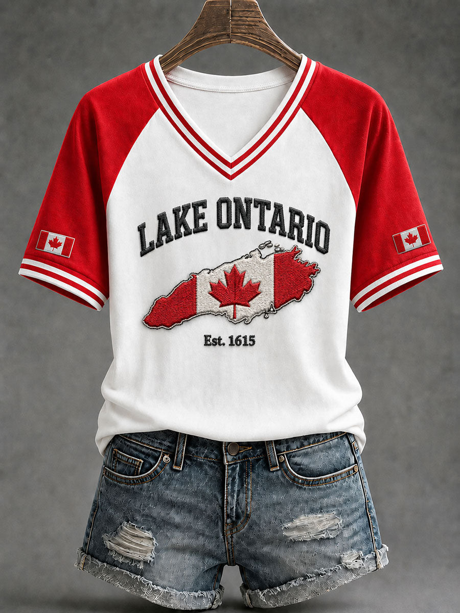 Lake Ontario Always And Forever V-Neck T-Shirt Canada Maple Leaf Great Lakes Shirt Gifts For Her