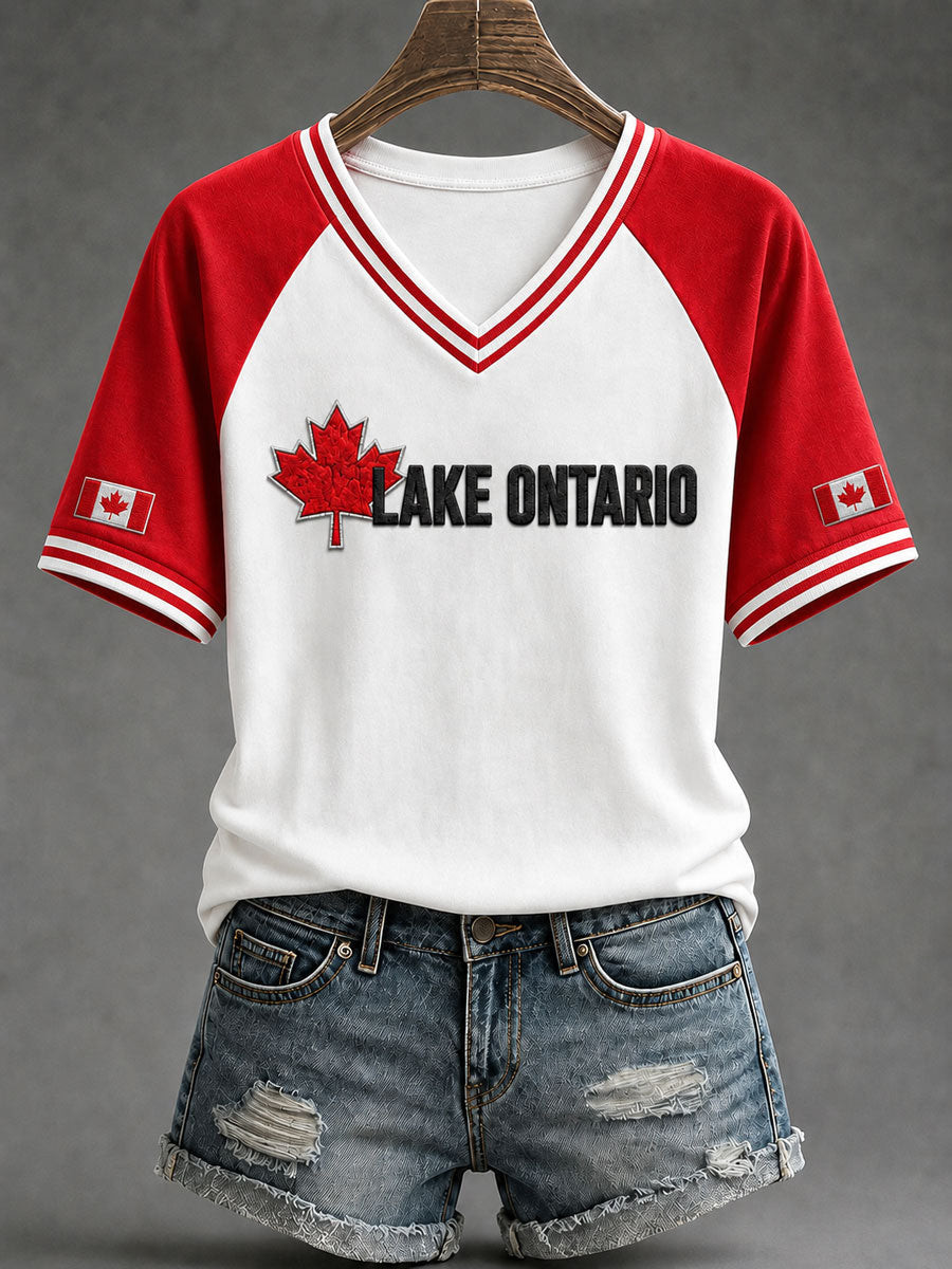 Lake Ontario Always And Forever V-Neck T-Shirt EST 1615 Canadian Maple Leaf Lake Life Apparel