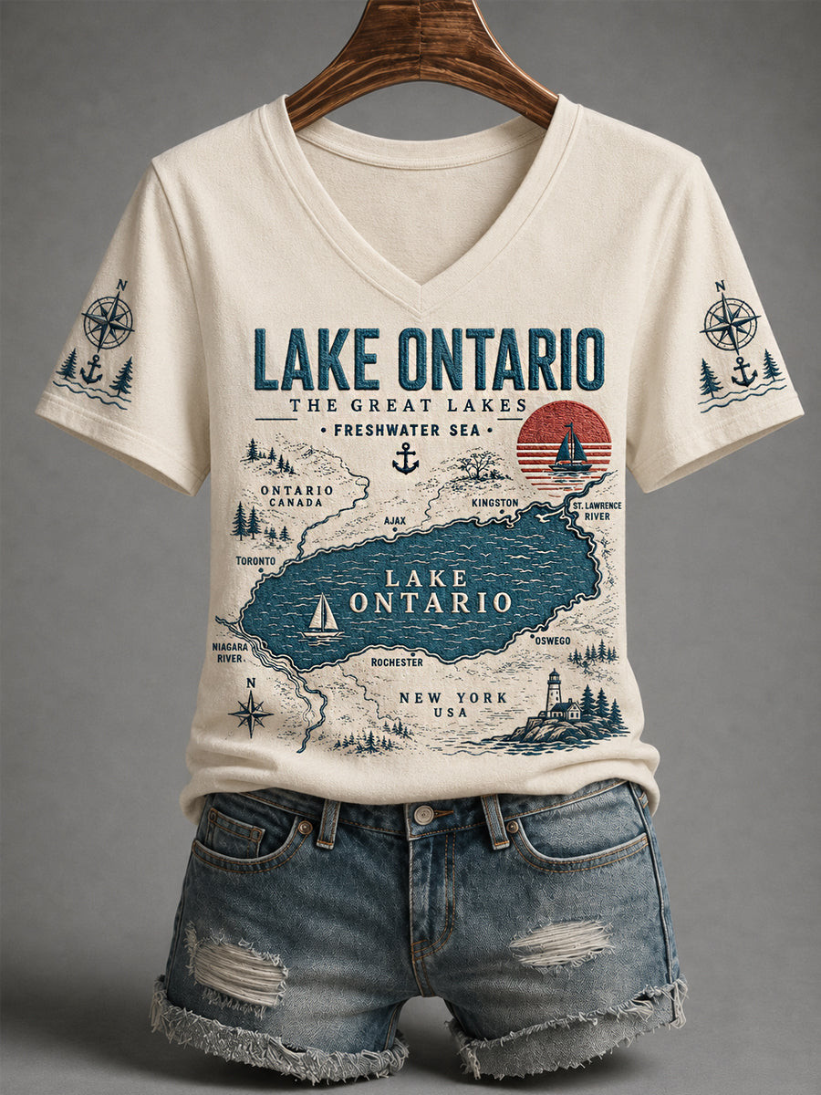 Lake Ontario Always And Forever V-Neck T-Shirt Great Lakes Canada Shirt Gifts For Lake Lovers