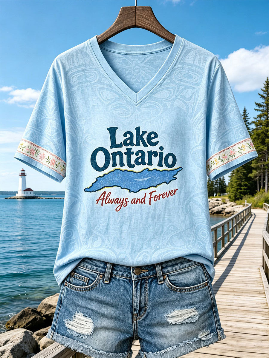 Lake Ontario Always And Forever V-Neck T-Shirt Great Lakes Map Shirt Gifts For Ontario Lovers